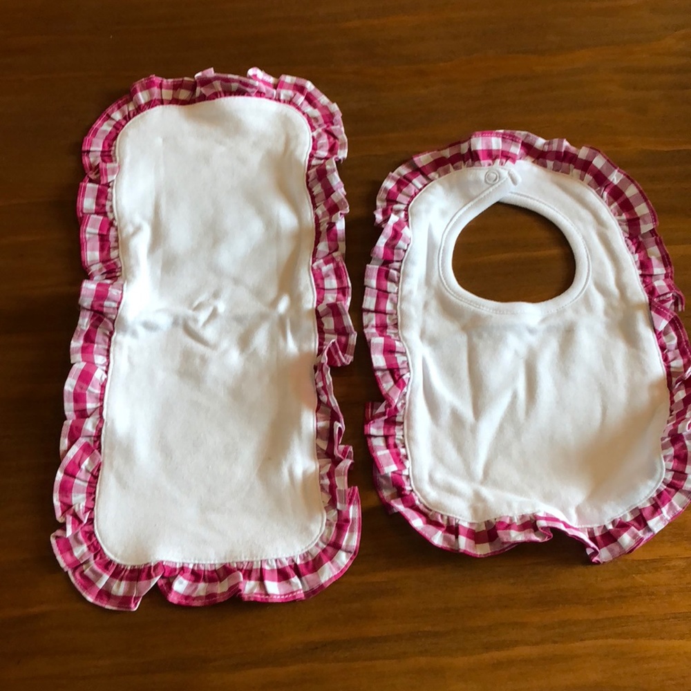 Raspberry/white gingham bib & burp